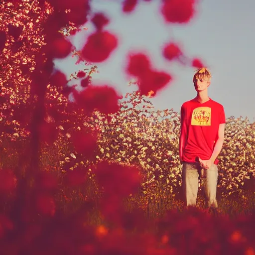Image similar to kodak portra 4 0 0 photograph of a skinny blonde guy standing in a field of red and yellow cherry blossom trees, flower crown, back view, moody lighting, telephoto, 9 0 s vibe, blurry background, vaporwave colors!, faded!,