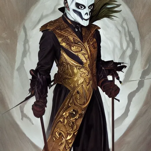 Prompt: - i full body portrait of a male magician with a mask controlling ghosts and spirits, spooky, horror, gothic, d & d, fantasy, intricate, elegant, highly detailed, digital painting, artstation, concept art, smooth, sharp focus, illustration, art by artgerm and greg rutkowski and alphonse mucha