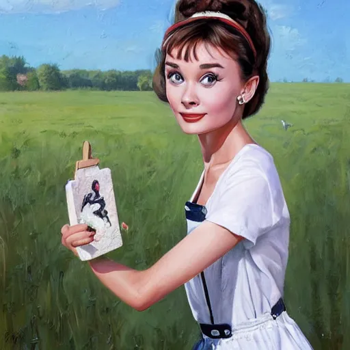 Image similar to young audrey hepburn wearing overalls, on a farm, painting by artgerm, greg rutkowski