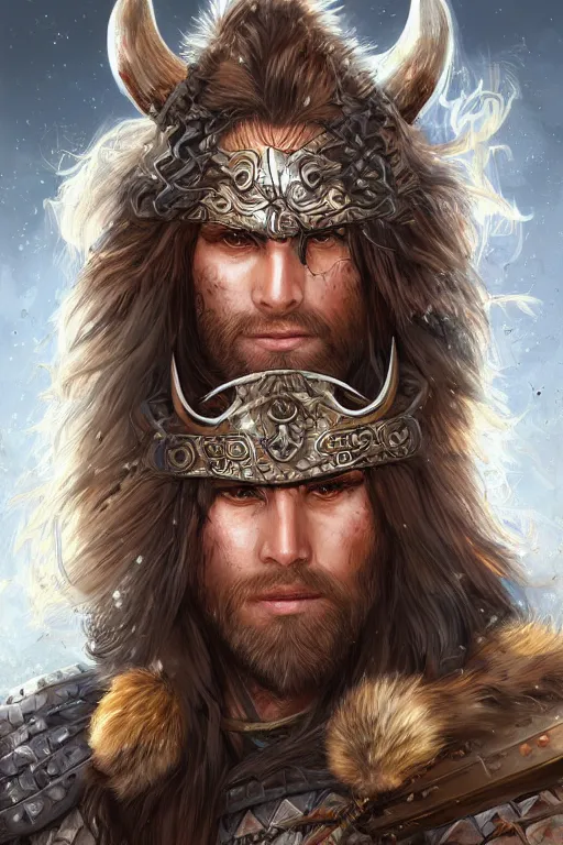 Image similar to A realistic anime portrait of a wild long haired male barbarian wearing an intricate armor, amber eyes, spear, viking fur cape, digital painting, by Stanley Artgerm Lau, Sakimichan, WLOP and Rossdraws, digtial painting, trending on ArtStation, SFW version