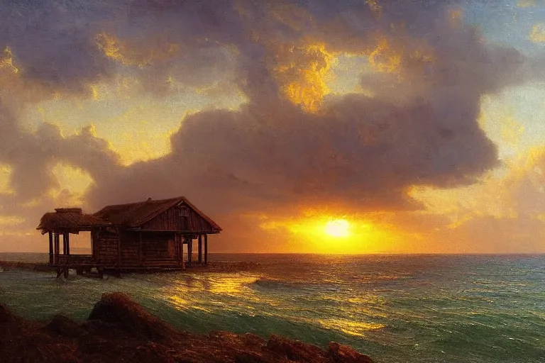 Prompt: sunset over a wooden cabin on the coast in the distance, sea, waves, oil painting, very detailed, colorful, cinematic lighting, albert bierstadt, trending on artstation