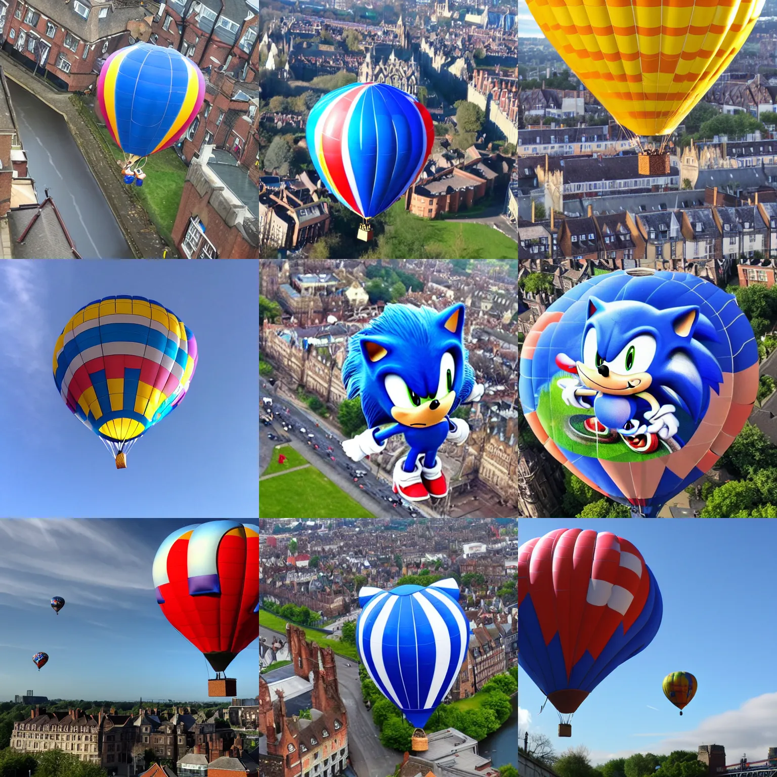 Prompt: a photo of a sonic the hedgehog hot air balloon flying over Bristol