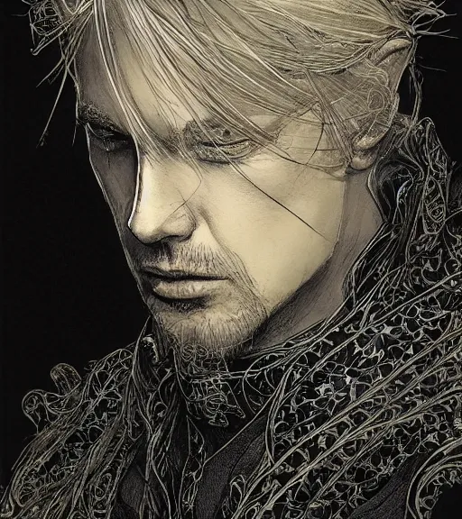 Prompt: portrait of man with blond ponytail hair wearing black robes, pen and ink, intricate line drawings, by craig mullins, ruan jia, kentaro miura, greg rutkowski, loundraw