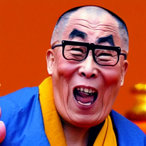 Image similar to furious dalai lama punches the camera