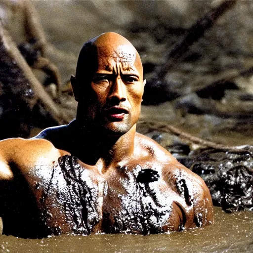 Image similar to film still, close up, dwayne johnson rising out of muddy vietnam river, face covered in mud, low camera angle at water level, night time, film still from apocalypse now ( 1 9 7 9 ), 2 6 mm