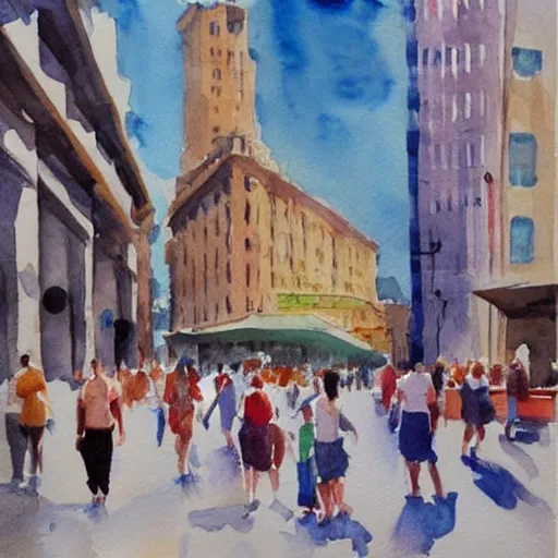 Prompt: big city bustling with people on a hot summer day, watercolor painting, morandi color palette, very beautiful masterpiece by a very talented artist, stunning