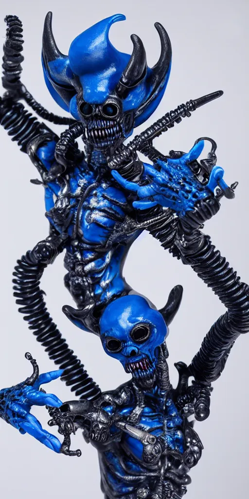 Prompt: blue demon with xenomorph intricated jewelry figure plastic in a runway fashion show, realistic photography paparazzi