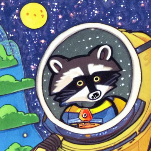 Prompt: A raccoon piloting a spaceship