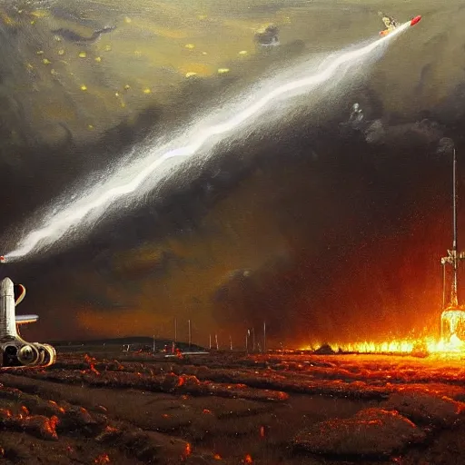 Image similar to a russian spaceship stuck in the ground, the spaceship is on fire, smoke, rainstorm, lightning, angry, kinetic, john sargent, adolphe bouguereaum, norman rockwell, style by peter deligdisch, trending on artstation, highly detailed oil painting,