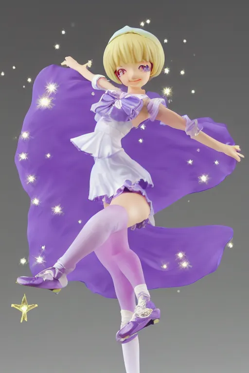 Image similar to A GoodSmile anime figure of a cute magical girl with short blonde hair wearing purple short puffy pants, an oversized beret, white tights covered in stars, and a long billowing scarf. Short hair. Dynamic Rhythmic gymnastics poses. intricate details, realistic, Hyperdetailed, 8k resolution, intricate art nouveau, Octane Render. Ami Ami.