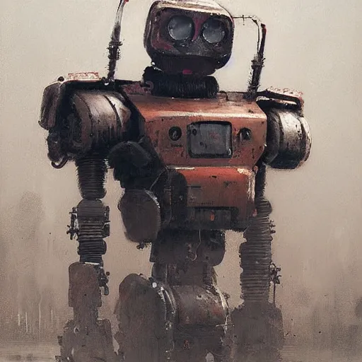 Image similar to an epic painting of a creepy robot by jakub rozalski