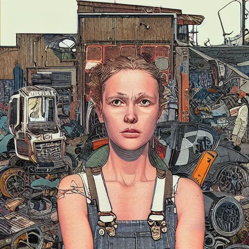 Image similar to “illustation of a woman sitting in a junkyard. Overalls and tools . Science fiction. Intricate digital painting. Art by Mœbius. Character portrait. Character design. Concept art. Symmetrical face. Detailed realistic face.”