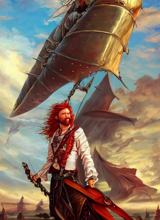 Image similar to epic fantasy portrait painting of a long haired, red headed male sky - pirate in front of an airship in the style of the king killer chronicles