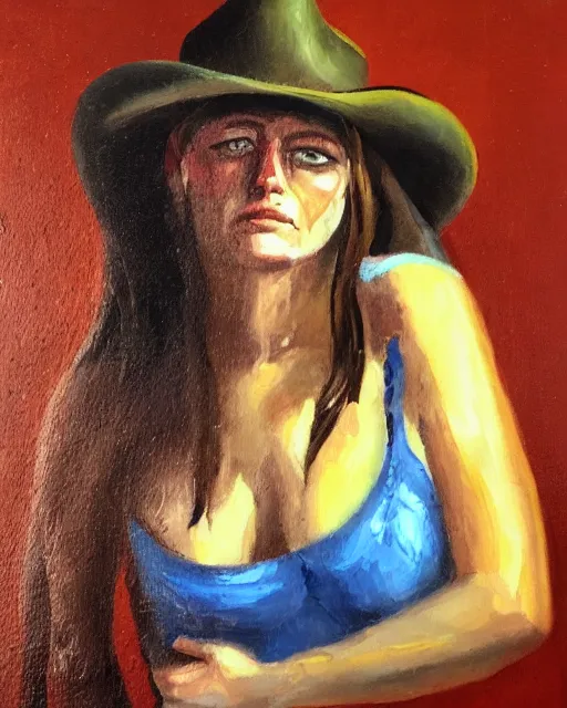 Image similar to scarred cowgirl, oil painting