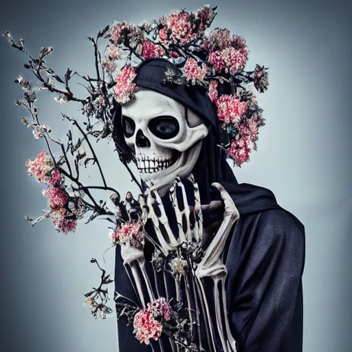 Image similar to cinematic shot epic portrait skeleton wearing a dark robe covered in flowers, hyper realistic, mood lighting, fantasy, detailed face, highly detailed, super realistic, perfect lighting