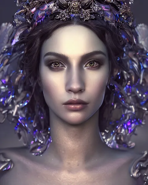 Image similar to beauteous sumptuous dark empress with incredible iridescent pearlescent voluminous hair, photorealistic crystalline masterpiece incrustations, hyperdetailed kind face, elegant pose, movie still, cinematic forest lighting, intricate accuracy, octane render, cgsociety, artgerm, unreal engine, crepuscular rays, god rays