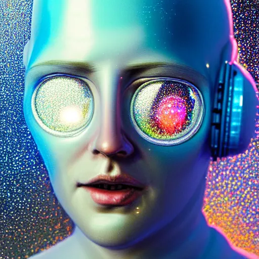 Prompt: realistic extremely detailed photo style portrait painting of a complete astronaut suit with exposed diamond 3d fractal lace iridescent bubble 3d skin clear brain , retro futuristic ,water , style of beeple and Anton Pieck, rich moody colors,diamond dust glitter and sparkles, holographic krypton ion,blue eyes,octane render,4k,f32
