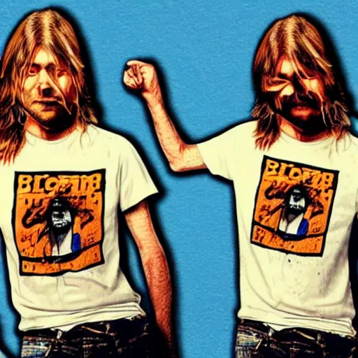 Image similar to kurt cobain wearing a bitcoin t - shirt screaming angrily, arguing, concept art, incredible detail, photorealistic, caricature