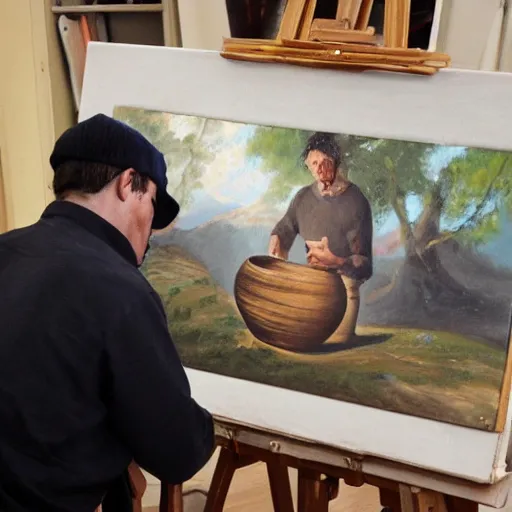 Image similar to A man making an oil painting of a man making an oil painting of a man making an oil painting of a man making an oil painting of a vase, oil painting