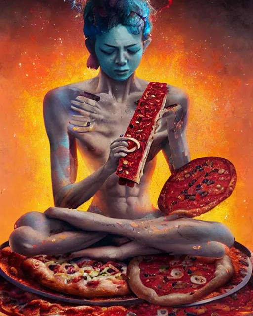 Image similar to detailed photo of meditating pizza monk, beautiful, 8 k, by tristan eaton, stanley artgermm, tom bagshaw, greg rutkowski, carne griffiths, trending on deviantart, hyper detailed, glorious lighting, epic environment