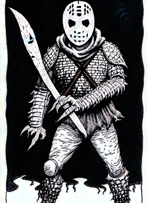 Prompt: jason voorhees as a D&D monster, full body, pen-and-ink illustration, etching, by Russ Nicholson, DAvid A Trampier, larry elmore, 1981, HQ scan, intricate details, Monster Manula, Fiend Folio