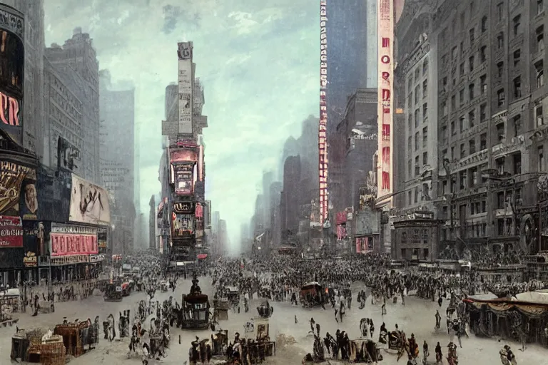 Image similar to 1880s new York city times square, with an open portal to the future new York same street, extremely realistic, 8k, matte painting