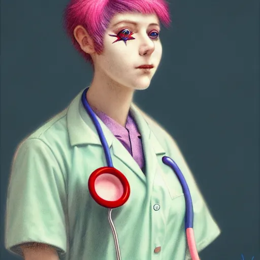 Image similar to clowncore pastel punk young hospital nurse wearing stylish uniform. detailed, portrait, 8 k, artwork by jean - baptiste monge