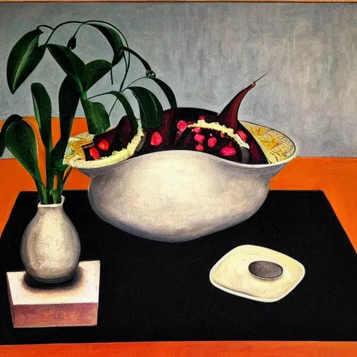 Image similar to “a portrait in an art student’s apartment, a feminine pig’s head in a large salad bowl, pomegranate, pork, ikebana white flowers, white wax, squashed berries, acrylic and spray paint and oilstick on canvas, by munch and Dali”