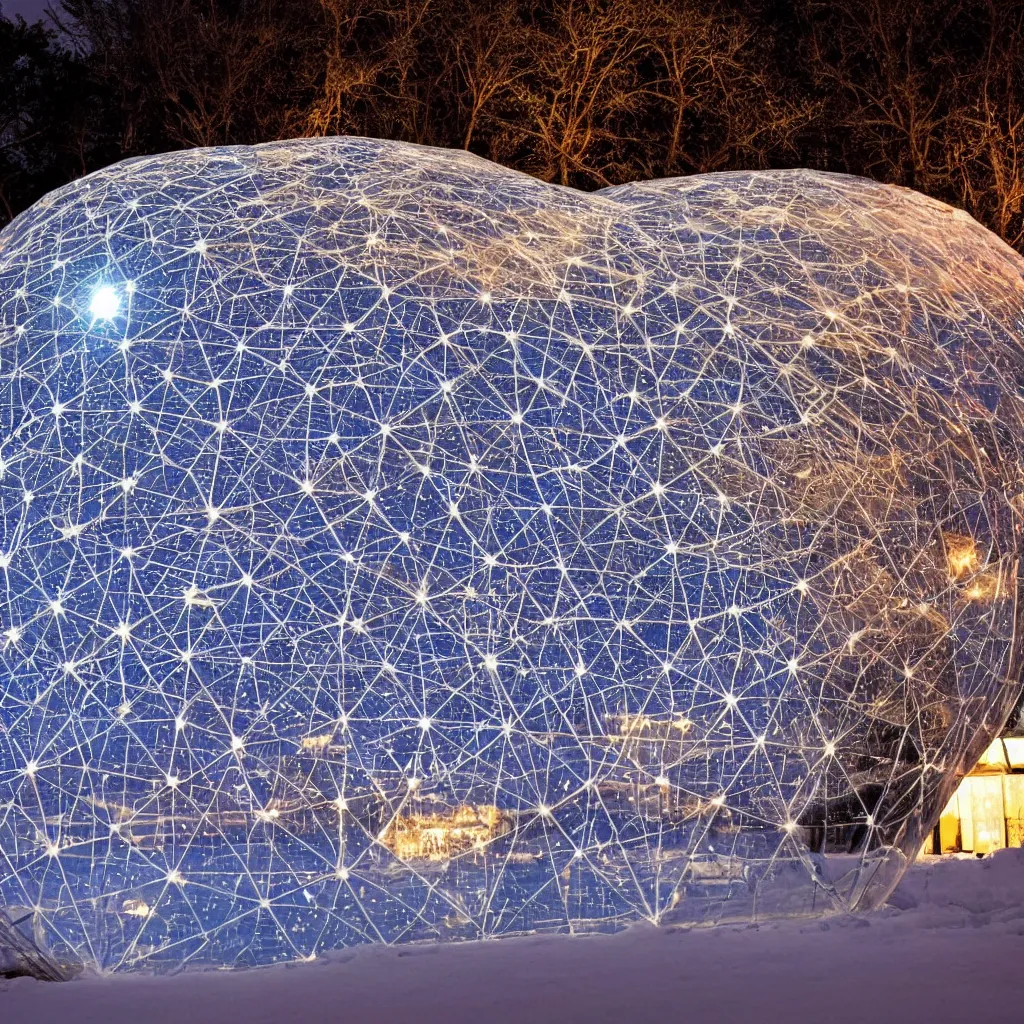 Prompt: A zoomed-in night photo of a glowing inflatable geodesic house made of clear plastic sheeting. Close-up detailed shot with 100mm lens. The inflated bubble house fills the background. The bubble house glows from within with warm light. In the foreground, A family is playing in the snow. The inflated bubble house is at the edge of a snowy winter forest. Coronarender, 8k, photorealistic