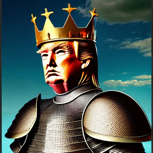 Image similar to full - body - front - shot, donald trump, knight'armor, crown, renaissance painting of a knight, detailed face