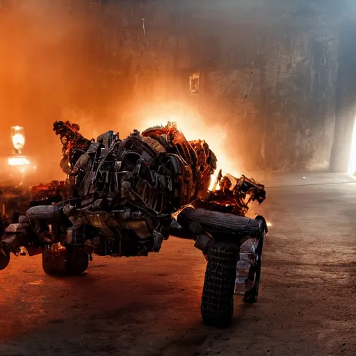 Image similar to wheelbarrow mecha, dark messy smoke - filled cluttered workshop, dark, dramatic lighting, orange tint, sparks, cinematic, highly detailed, sci - fi, futuristic, movie still