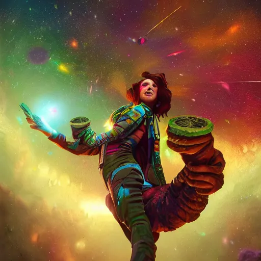 Prompt: An epic fantastic realism comic book style painting of the most beautiful spiraling human poops launched across the dark and starry galaxy, floating bouquets, fisheye lens, unreal 5, DAZ, hyperrealistic, octane render, dynamic lighting