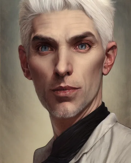 Image similar to portrait of 4 0 - year - old man with white hair with a pale complexion, pointed face and grey eyes, clear smooth face, no beard wearing black suit, hyper realistic face, beautiful eyes, close up, fantasy art, in the style of greg rutkowski, intricate, alphonse mucha, hyper detailed, smooth