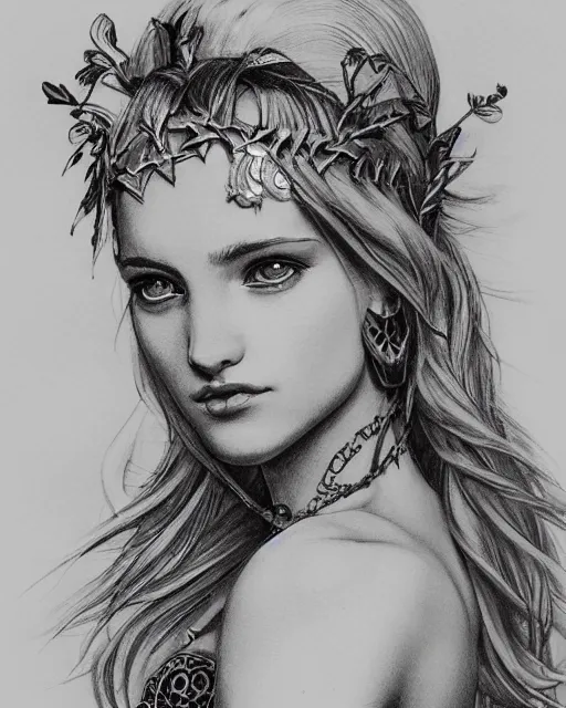 Image similar to front view of beautiful aphrodite greek goddess wearing a gold laurel wreath and triangle earrings, realism tattoo sketch, beautiful piercing eyes with sharp pupils, beautiful blonde hair, in the style of greg rutkowski, fantasy, amazing detail, epic, elegant, smooth, sharp focus