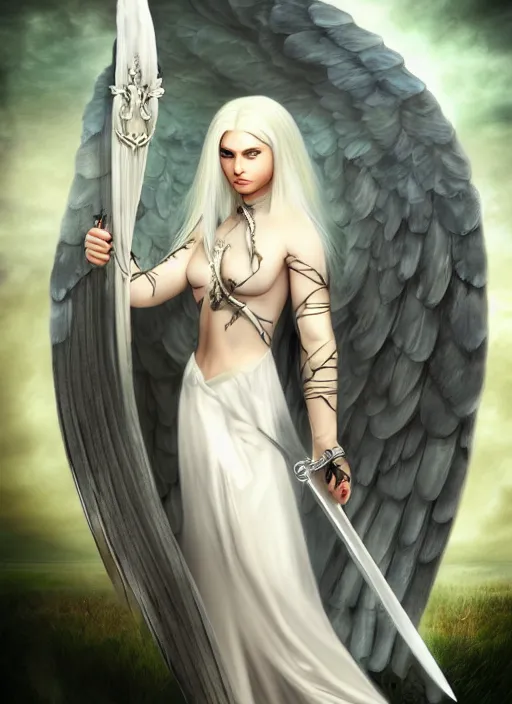 Image similar to a woman with white hair and wings holding a sword, a digital rendering by Anne Stokes, deviantart, fantasy art, deviantart hd, deviantart, angelic photograph