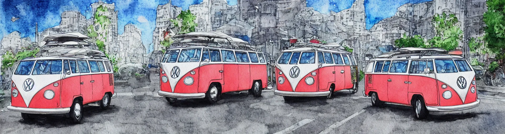Image similar to vw bus on a street, centered award winning watercolor pen illustration, edited by range murata, tiny details by artgerm and watercolor girl