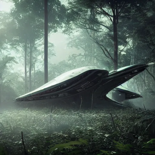 Prompt: a giant derelict metallic symmetrical spaceship crashed in a dense rainforest, foggy atmosphere, sharp details, photorealistic, octane render, god rays, cinematic lighting, immense scale
