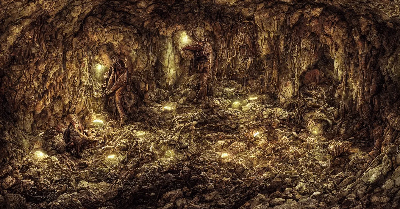 Image similar to futuristic archaeologist excavating buried ugly alien nest hidden in deep dark wet cave, deep sense of horror atmosphere, visual fidelity and plasticity, depth defocus, digital art, horror colors, in style of franklin booth