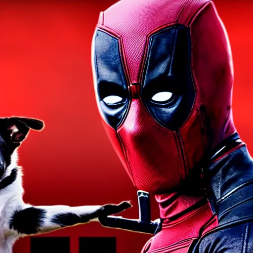 Image similar to a still from the avengers movie of deadpool holding a cute dog, 4 k, movie scene, professional lightimg, cinematic, dramatic