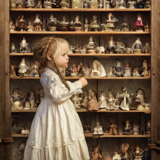 Image similar to human child standing in a victorian doll maker's shop looking at all of the dolls, high detail, digital art, painted by greg rutkowski, painted by seb mckinnon, trending on artstation