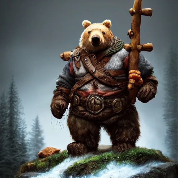 Image similar to Dwarf Woodsman riding Bear Companion, RPG Portrait Full Body, Oil Painting, Trending on Artstation, octane render, Insanely Detailed, 8k, HD