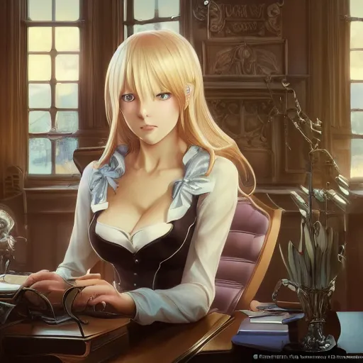 Image similar to blonde anime woman with long hair, wearing headmistress uniform, sophisticated young woman, ultraterrestrial woman, sitting in dean's office, ornate designs on desk, sharp details, subsurface scattering, intricate details, art by artgerm, greg rutkowski, hd wallpaper, 2 0 1 9 anime screenshot