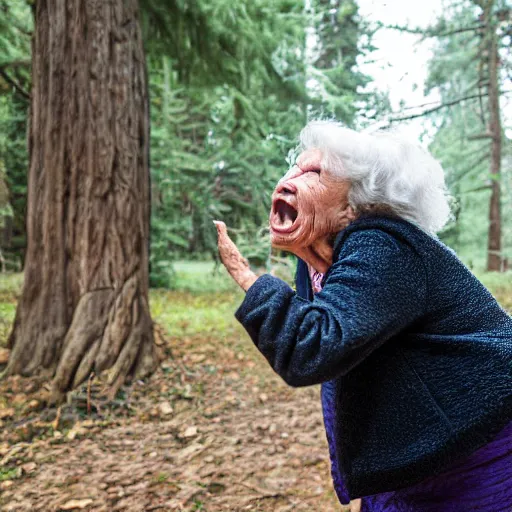 Prompt: elderly woman screaming at bigfoot, canon eos r 3, f / 1. 4, iso 2 0 0, 1 / 1 6 0 s, 8 k, raw, unedited, symmetrical balance, wide angle