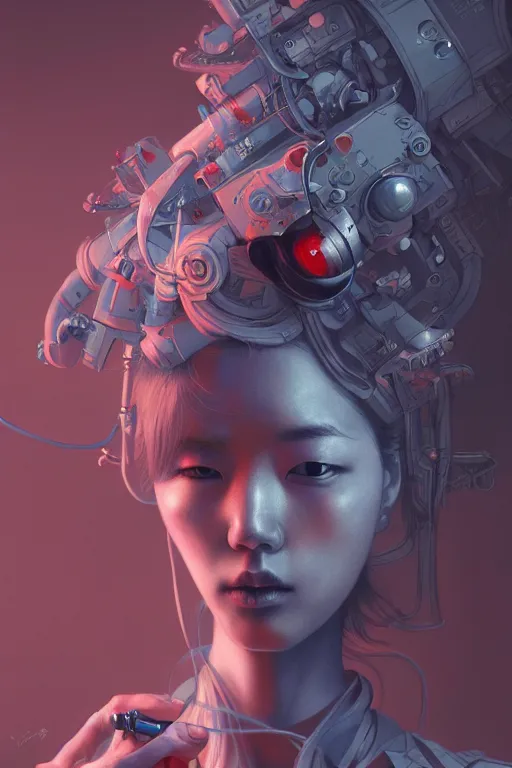 Image similar to hyperrealistic photography of a machine entering a female host in the style of Jin Kagetsu, James Jean and wlop, highly detailed, sharp focus, intricate concept art, digital painting, ambient lighting, 4k, artstation