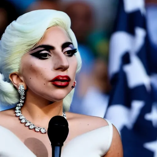 Image similar to Lady Gaga as president, Argentina presidential rally, Argentine flags behind, bokeh, giving a speech, detailed face, Argentina