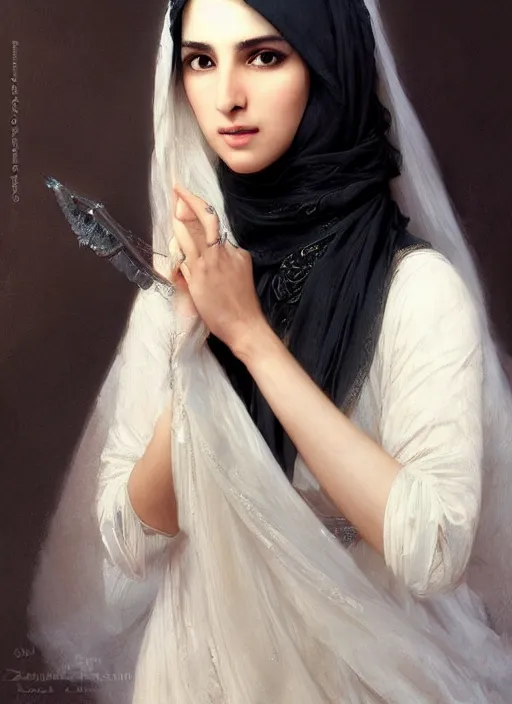 Image similar to arab Ameera al-Taweel, crystal blue eyes, wavy black hair, tanned skin, white veil, intricate, elegant, highly detailed, artstation, concept art, sharp focus, ruan jia, jurgens, orientalism, bouguereau