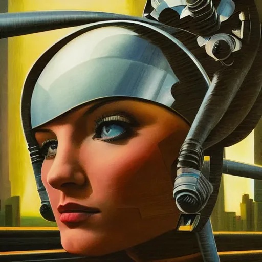 Image similar to detailed face of a woman, clockwork, moment, tectonic sky, skydome, bullet train, turbines, utopian, tech noir, wet reflections, prism, atmospheric, ambient, pj crook, syd mead, livia prima, greg rutkowski, edward hopper