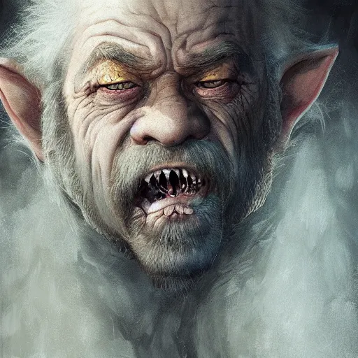 Image similar to a detailed matte head - on portrait painting of an ugly old hobbit man, with a large scar and missing teeth portrait by charlie bowater, lise deharme, wlop, tending on arstation, dungeons and dragon, dnd, pathfinder, fanart, oil on canvas