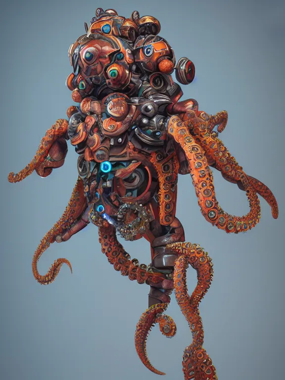 Image similar to full body frontview portrait of warrior in octopus mech, character design, designed in blender, 4 k hd, octane render, intricate and highly detailed, coloured with lots of colour, posing