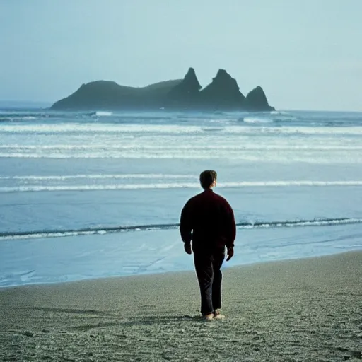 Image similar to a film photo of a man, athletic, walking on beach in Oregon, facing camera, Kodak gold 200 film